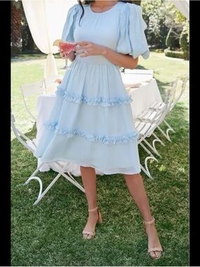 Rachel Parcell Light Blue Pleated Puff Sleeve Tiered Ruffle Midi Dress XS